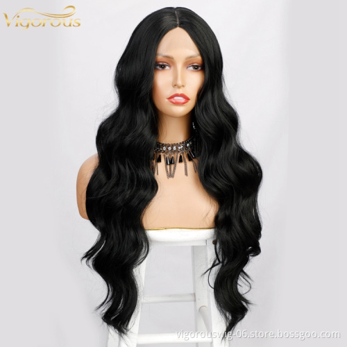 Vigorous 26inch Black Color Deep Wave Lace Front Synthetic Wigs For Black Women Natural Long Wavy Cosplay Synthetic Hair Wigs